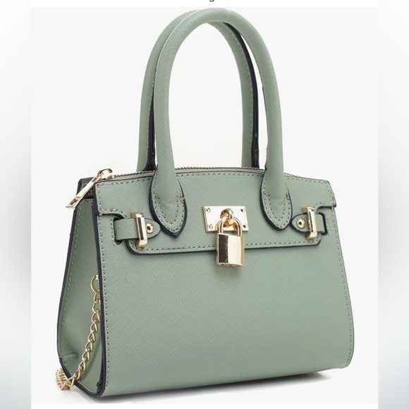 Pistachio green vegan leather top handle bag w/ gold hardware lock,  attachab… - Picture 1 of 5